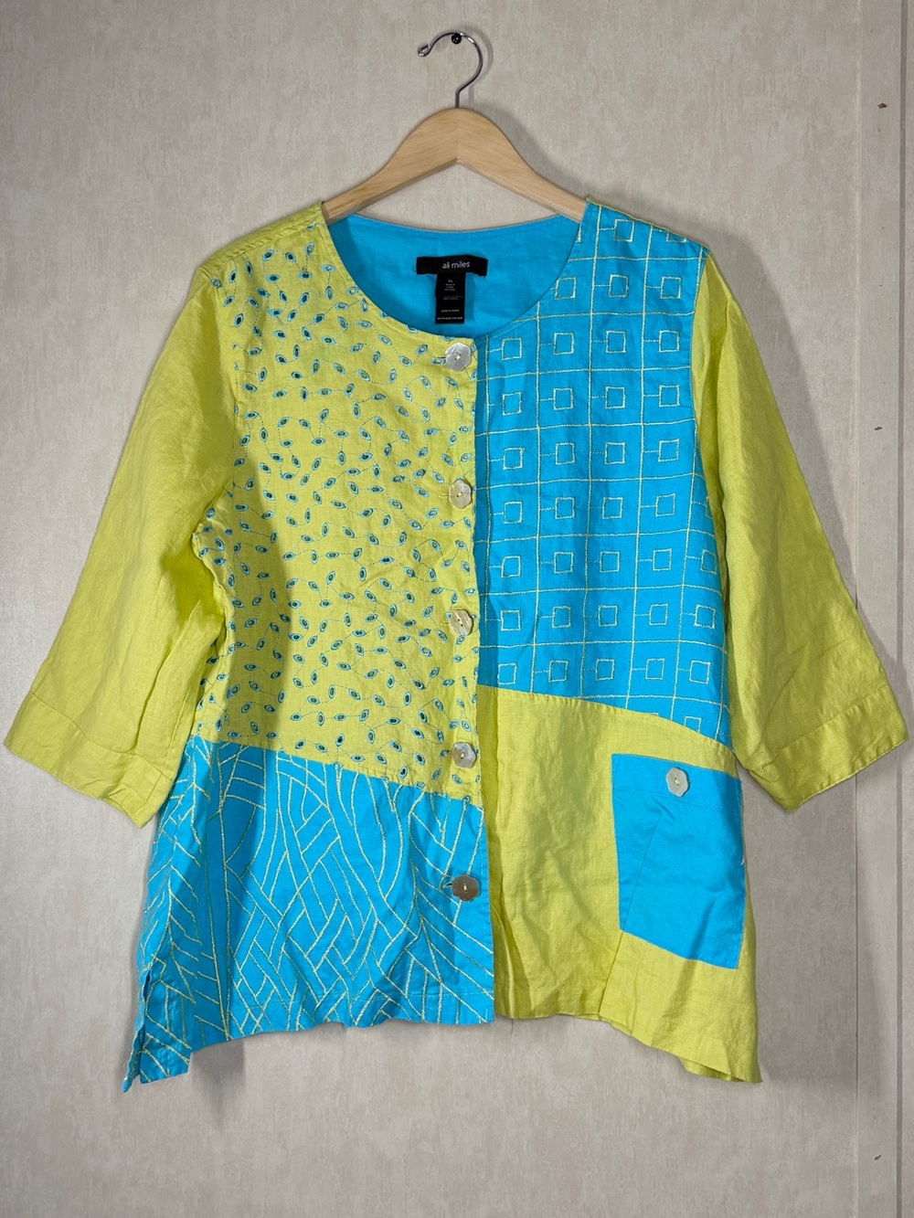 Ali Miles Women’s 100% Linen Artsy Patchwork Embroidered Top Button Front XL